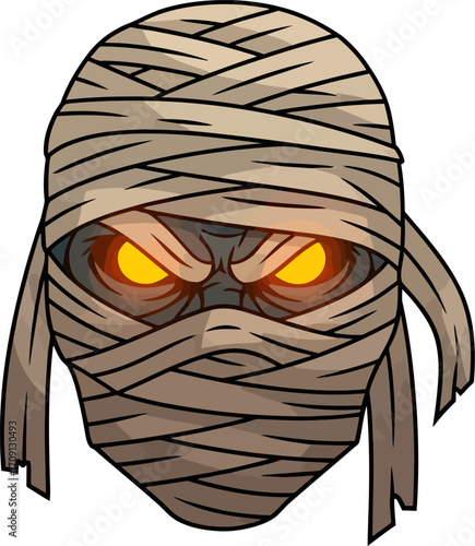 A menacing cartoon mummy head wrapped in bandages with glowing orange eyes and an angry expression.