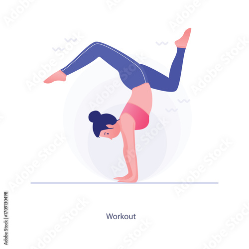 Vector graphics of sports activities An illustration of a woman doing a yoga pose (a handstand split). She is wearing a pink top and blue pants, set against a white background