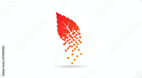 A vibrant red and orange leaf disintegrates into a trail of digital pixels on a white background.