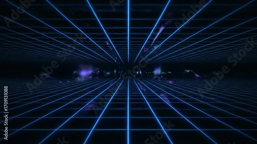 A futuristic seamlessly looping video of glowing grid lines and abstract light patterns moving across a dark digital space glowing, light, vibrant
