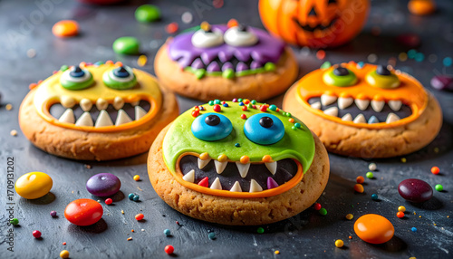 Spooky Halloween Monster Cookies with Candy Decor and Pumpkin Background - Festive Treats.