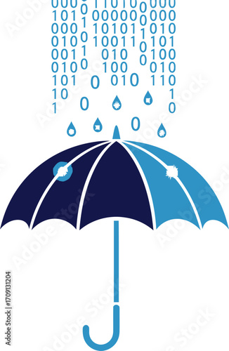 A conceptual illustration of a blue umbrella shielding from a downpour of binary code, representing data protection and cybersecurity.