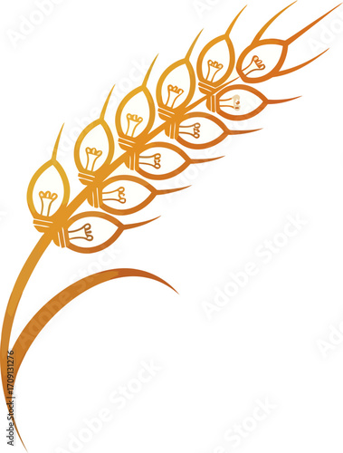 A conceptual illustration of a golden wheat stalk with its grains replaced by idea light bulbs.