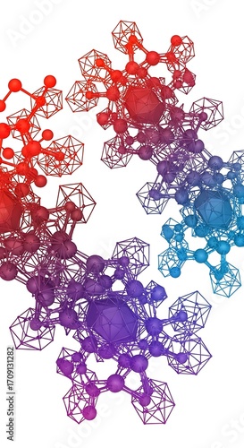 Abstract graphic design of interconnected molecular structures, showcasing a vibrant array of colors and intricate geometric forms against a white background.