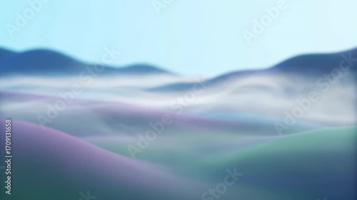 A delicate soft glow mist gently flows and drifts horizontally across a serene, abstract landscape in a seamlessly looping video dreamy, haze, abstract landscape