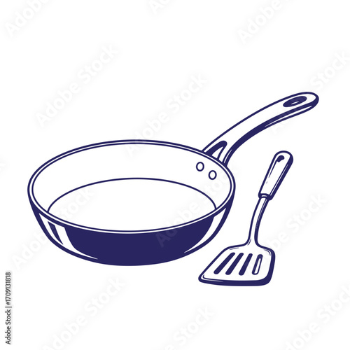 Vector illustration of a skillet and a spatula perfect for cooking and culinary design