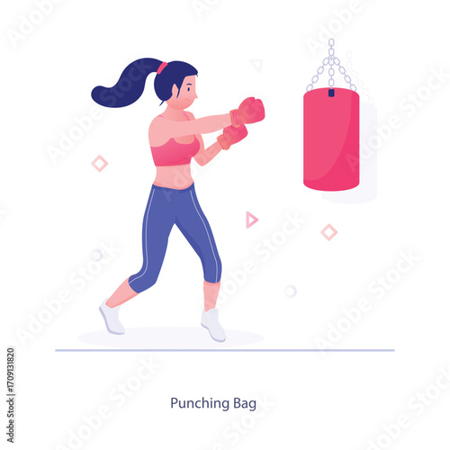 Vector graphics of sports activities A woman in workout gear punches a pink punching bag, with a minimalistic background