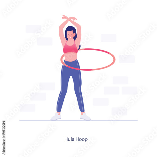 Vector graphics of sports activities A woman in workout clothes uses a hula hoop, in a simple white background setting