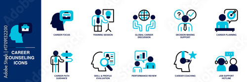 Career Counseling Blue Colored Outline Icon Set