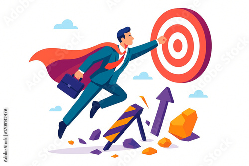 Dynamic businessman flying towards target, embodying success and overcoming challenges with determination