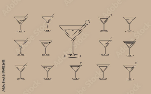 Collection of hand drawn martini glasses with garnishes on kraft paper background