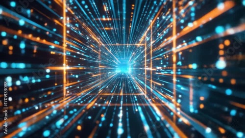 Abstract digital tunnel with blue and orange light streaks converging towards a central bright point, creating a sense of depth and movement.