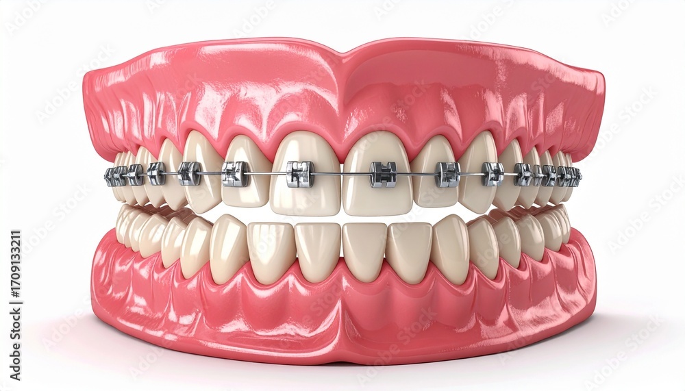Obraz premium A high-resolution 3D medical illustration of a human jaw model with metal braces for orthodontic treatment
