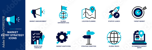 Market Entry Strategy Blue Colored Outline Icon Set