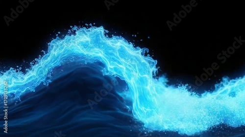 An abstract rendering of a luminous blue ocean wave against a stark black backdrop for use in digital art and web design projects that need a dynamic and eye-catching element