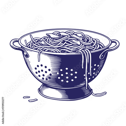 Vector illustration of cooked spaghetti draining in a classic metal colander on white background