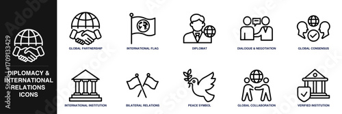 Diplomacy and International Relation Line Icon Set