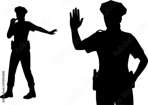Silhouette of a police woman with hand up signaling stop and wearing a hat and blowing a whistle | editable eps vectors
