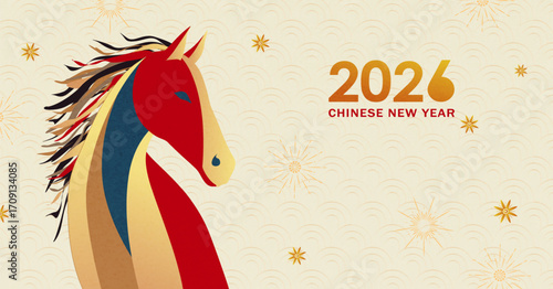 Chinese New Year 2026. Art background for the Year of the Horse in a modern style.
