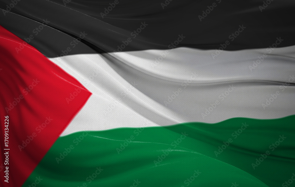 Fototapeta premium Close-up of a Waving Palestinian Flag, perfect for patriotic designs, Independence Day celebrations, or travel materials