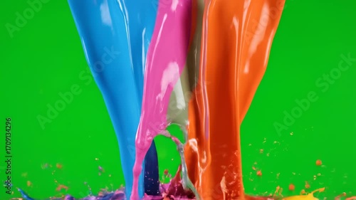 Abstract colorful paint splashes bursting and dripping in vibrant, artistic motion, isolated on a green screen graphic, paint, glitter
