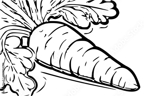 A whimsical line drawing of a large, cartoonish carrot with vibrant foliage.