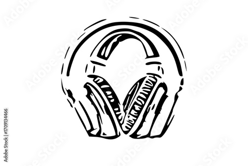 Black and white graphic illustration of headphones with a circular, stylized background.