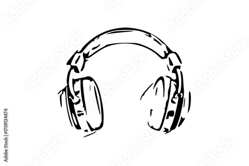 Sketch of headphones with visible earcups and headband, rendered in black lines on a white background.