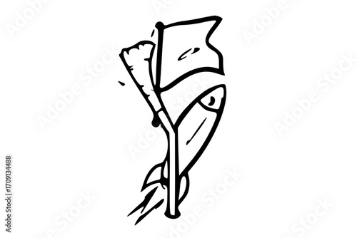 A cartoonish fish propelled upward by a flag and rocket, symbolizing achievement or success.