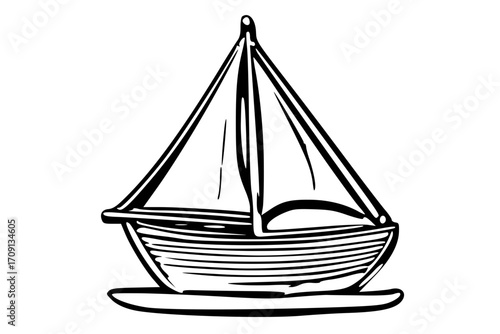 A simple line drawing of a sailboat, its sail full, resting on calm water.