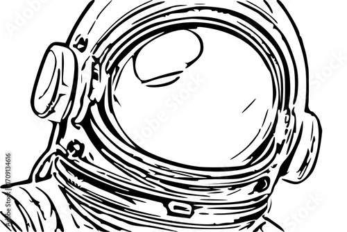 Close-up line drawing of an astronaut's helmet, showcasing intricate details and textures.