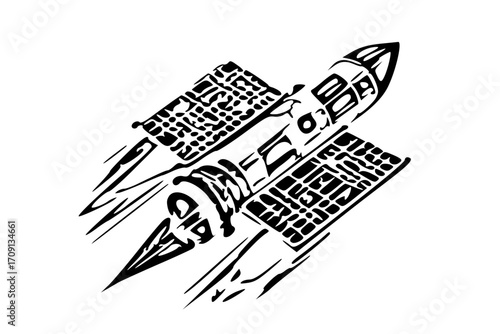 A black and white illustration of a rocket ship blasting off into space, with solar panels.