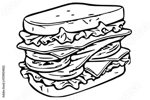 A black and white illustration of a layered sandwich with bread, lettuce, cheese, and other fillings.