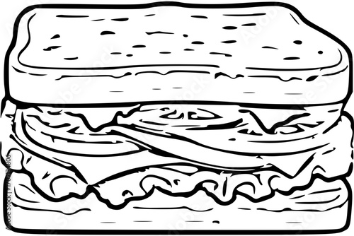 Simple black and white illustration of a sandwich with bread and fillings.