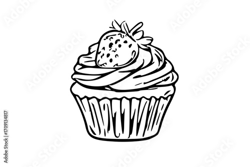 Black and white illustration of a delicious strawberry cupcake.