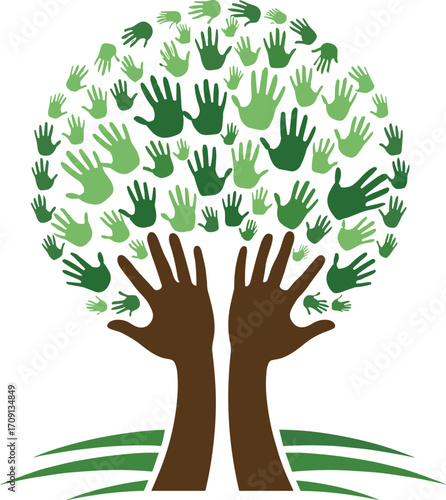 Eco concept tree made of handprints, symbol of community, teamwork, environment, growth, volunteering, unity, sustainability, diversity, support
