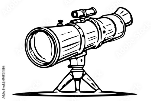 A detailed black and white illustration of a telescope mounted on a tripod, ready for observation.
