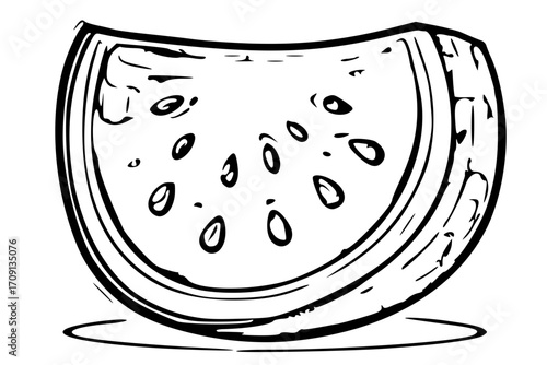 Black and white illustration of a watermelon slice with seeds, resting on a surface.
