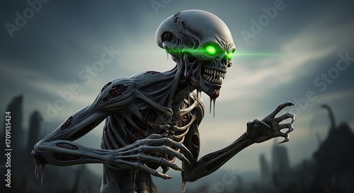 A menacing, skeletal alien entity with glowing green eyes looms over a desolate, ruined landscape.