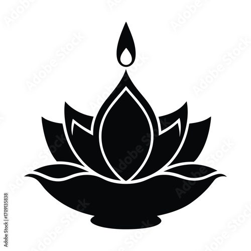 Silhouette of a diya lamp with lotus petals and flame symbolizing spirituality and light