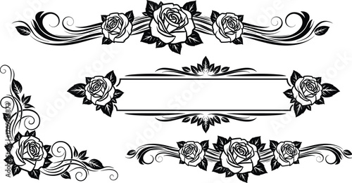 Elegant black and white floral rose frame borders, decorative vintage design, ornamental swirls, classic botanical decoration elements.