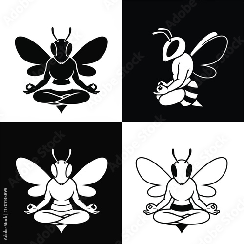 Four images of a bee meditating in a lotus position on a checkered background.