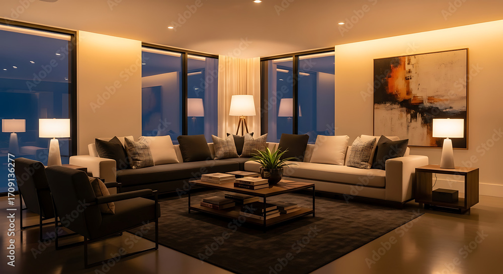 Fototapeta premium Modern Living Room Interior Design at Night.