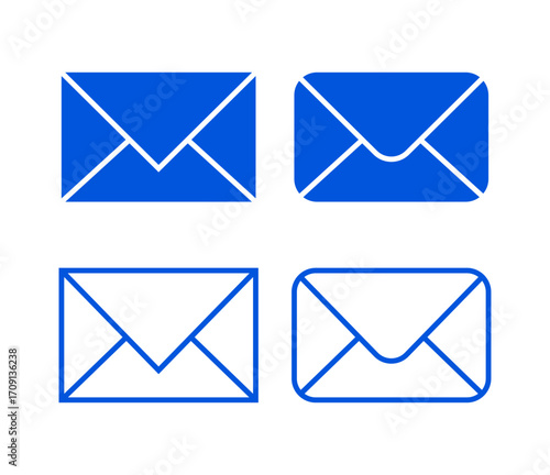 vector set of blue email inbox envelope icon in various style filled and outline 