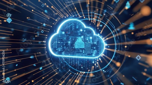 A glowing cloud icon symbolizes data storage and processing, surrounded by radiating streams of digital information.