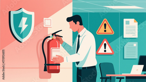 Business Professional Checking Fire Extinguisher In Modern Office Setting For Safety And Risk Prevention