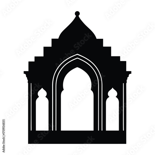 Ornate architectural silhouette of a traditional building facade with arched entryway and decorative accents