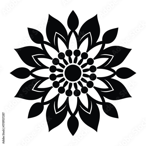 Intricate black floral mandala design symbolizing symmetry harmony and spiritual growth in nature