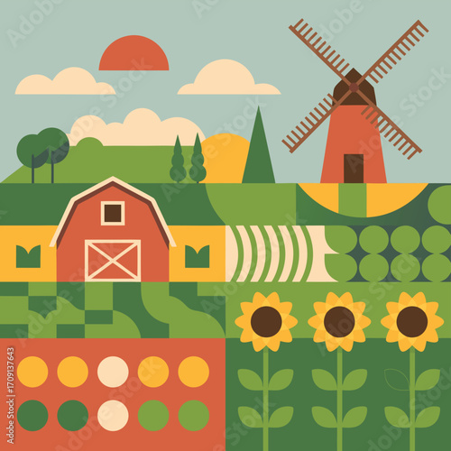 A charming countryside scene with a barn, windmill, and sunflowers under a serene sky, creating a peaceful and inviting atmosphere in a stylized design