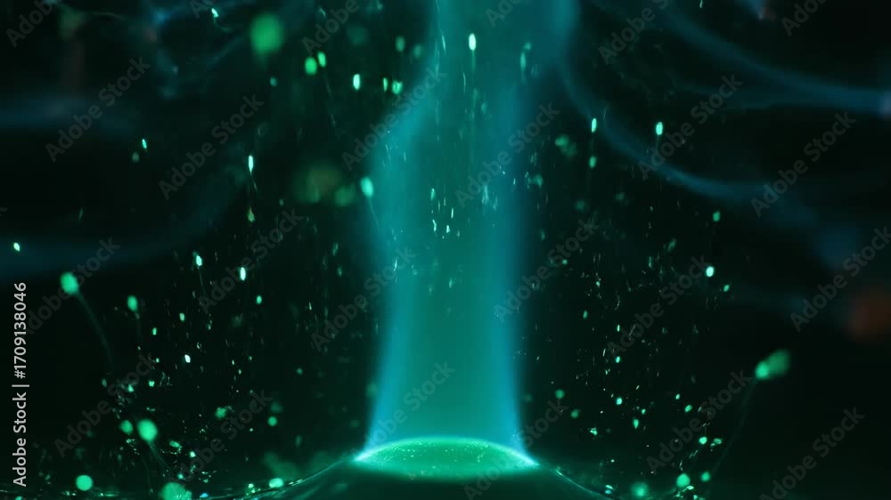 A seamlessly looping video displaying vibrant green and cyan plasma particles rising and dissipating within a dark, energetic field wave, rising particles, backdrop